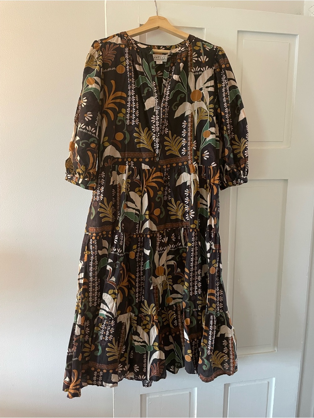 Velvet by Graham & Spencer Black Floral Tiered Midi Dress with Mustard and Green